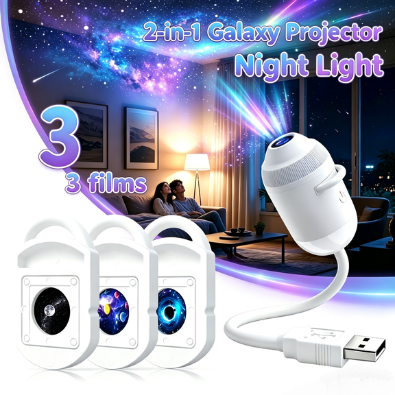 2-in-1 Galaxy Projector Night Light, HD Star & Ocean Projection Lamp with 3 Films, 360° Adjustable Gooseneck, Dimmable USB Powered Warm Night Light for Bedroom