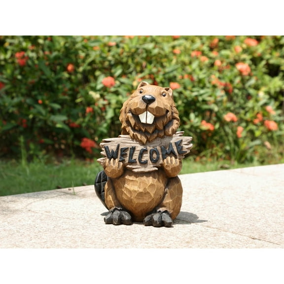 Hi-Line Gifts 11.75" Brown and Black Beaver Holding a "Welcome" Sign Garden Statue