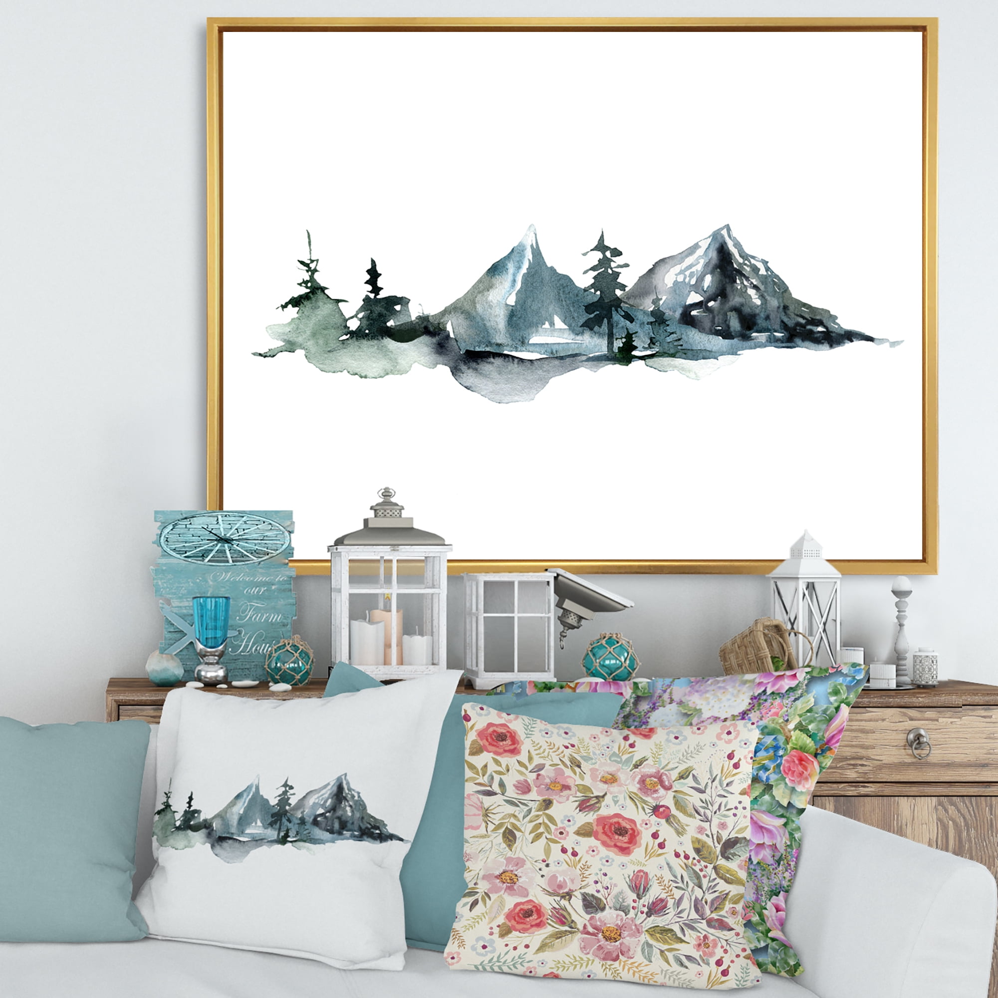 Designart 'Minimalistic Fir Forest and Winter Mountains III' Modern Framed Canvas Wall Art Print