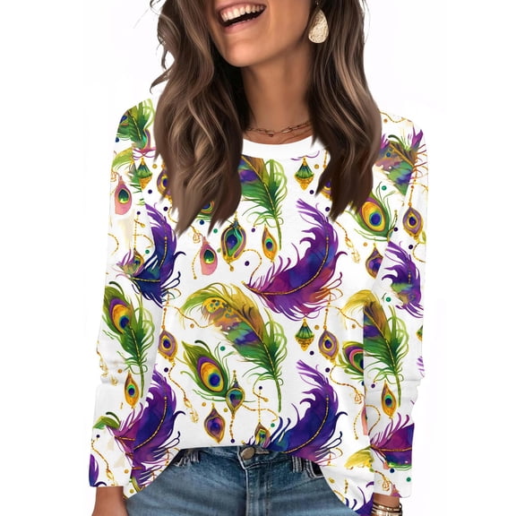 Mardi Gras Shirts for Women Glitter Long 3/4 Sleeve Purple Tunic Tops Crew Neck Mask Print Green T Shirts White XL