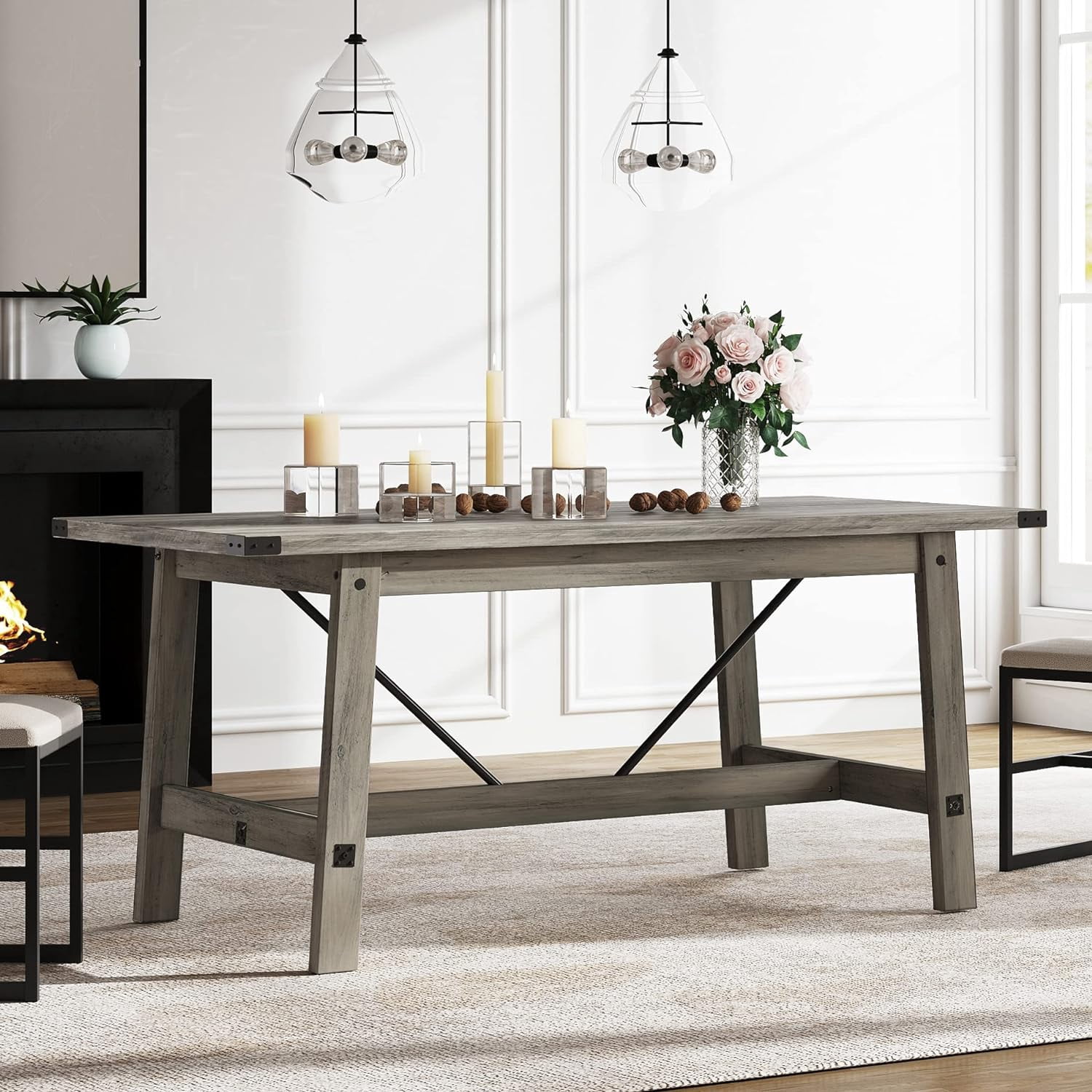 Wampat Modern 67.7 in Rectangle 6 Seats Dining Table, Grey