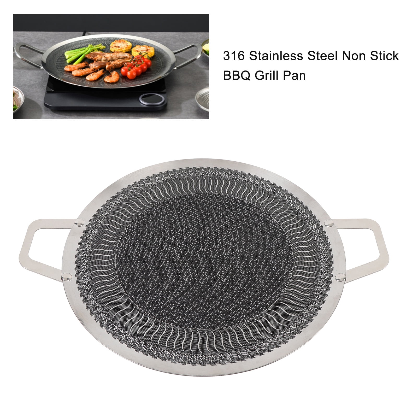 YAHHU Round BBQ Griddle Korean Grill Pan Stainless Steel Nonstick Double Handle for Induction Cooktop Outdoor Camping Barbecue 15.0 inches / 38cm