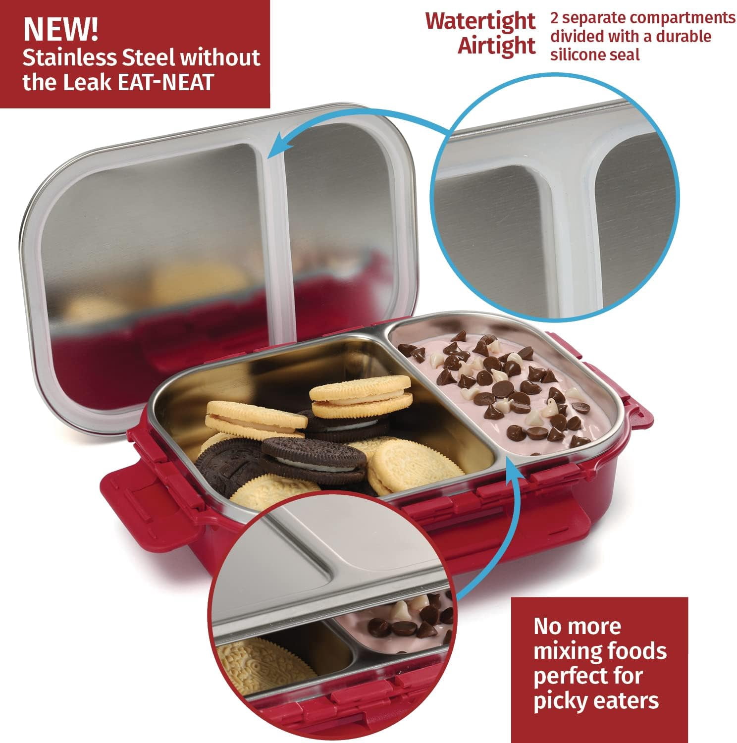SIGNORA WARE Stainless Steel Bento Box 24 oz Leakproof 2 Compartments Lunch Box – Red