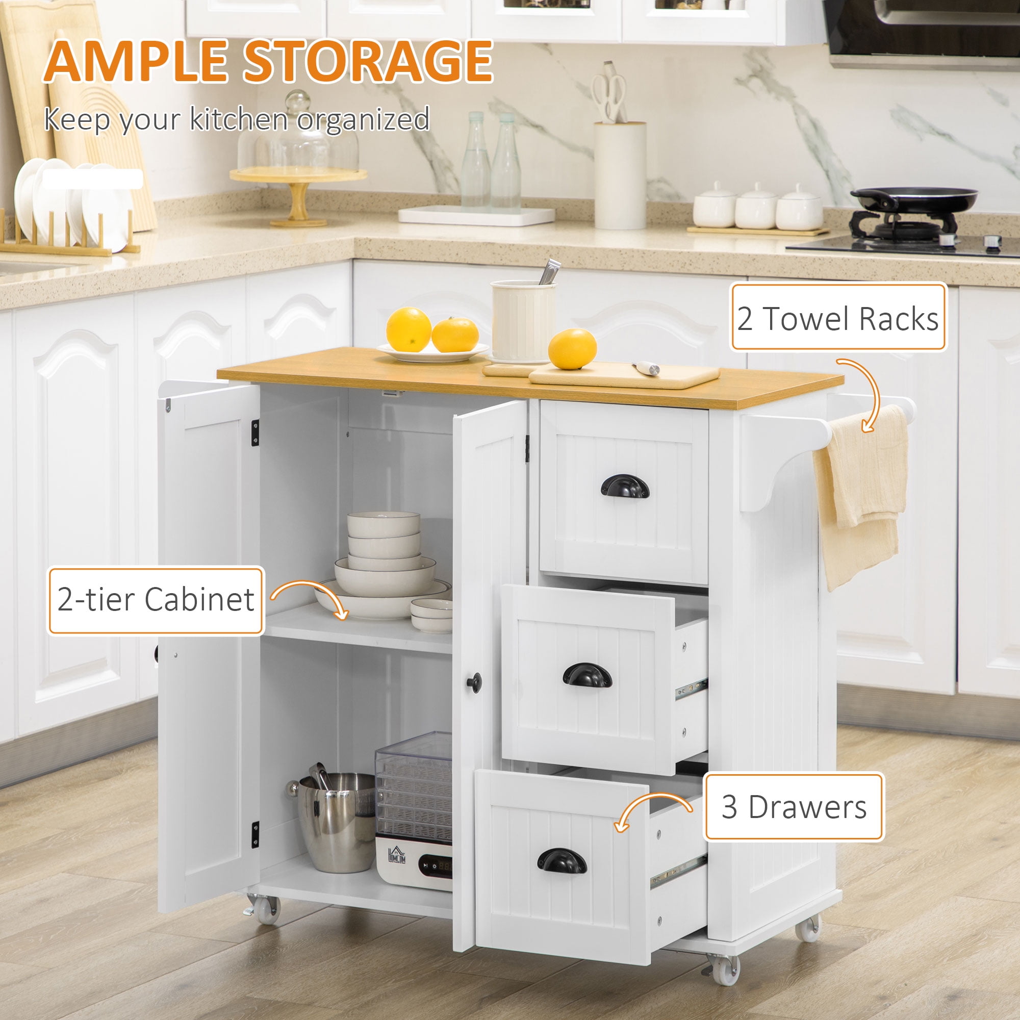 HOMCOM Bar Cart Modern Kitchen Island on Wheels with 3 Drawers Towel Racks Walmart