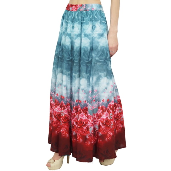 Bimba Women's Blue Floral Print Cotton Elastic Waist Maxi Summer Long Skirt-S