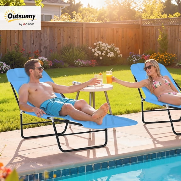 Folding Chaise Lounge Chair, Pool Sun Tanning Chair, Outdoor Lounge Chair with Reclining Back, Breathable Mesh Seat, Headrest for Beach, Yard, , Blue