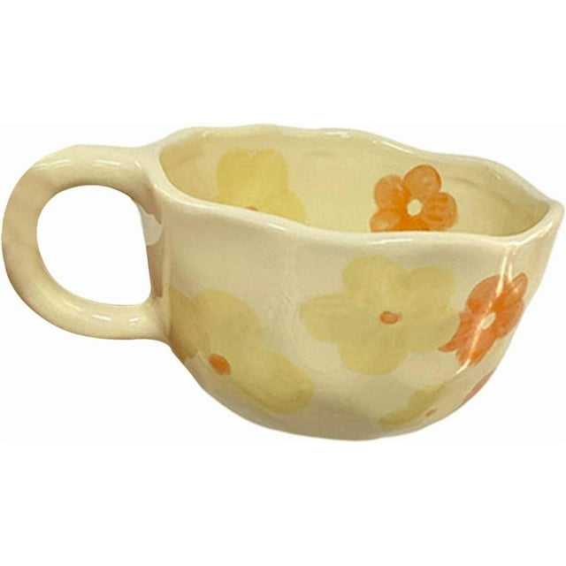 MYCENSE Breakfast Mug Tea Cup Photo Props Hand Pinched Unique Comfortable Grip Irregular Flower Milk Tea Cup Coffee Mug with Flower for Office Party, Orange Flower