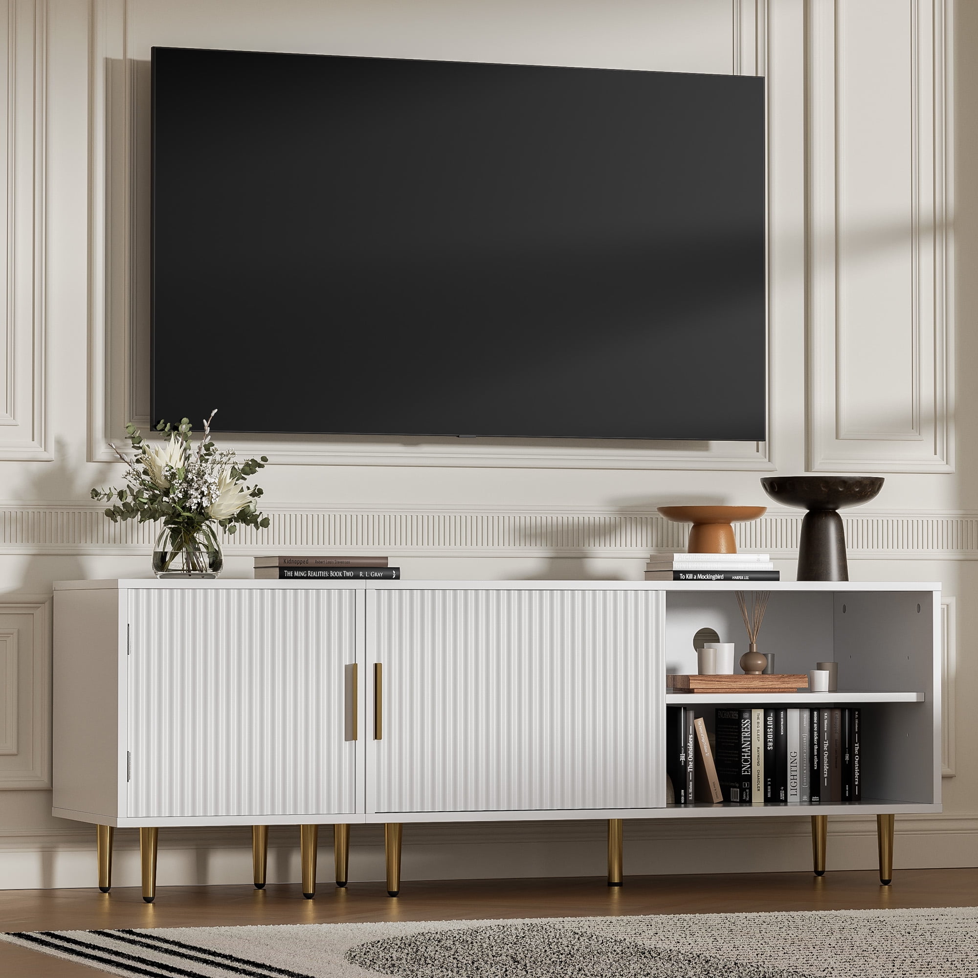 Combined Modern TV Stand For 55/60/65Inch TV,Small Entertainment Center With Adjustable Shelf,TV Media Stand With Storage Cabinet, TV Console With Gold Legs For Living Room,Bedroom,White