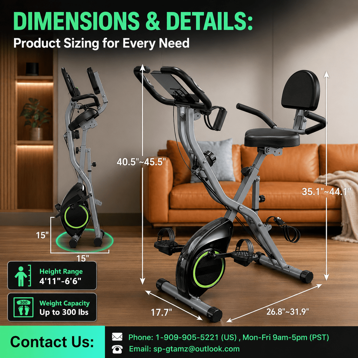 USLIM 5-in-1 Foldable Exercise Bike for Small Apartments, Stationary Bikes with 16-Level Magnetic Resistance, Arm Bands, 300 lbs Capacity