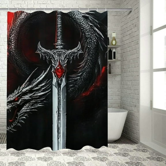 Autua Sword Dragon Fantasy Washable Shower Curtain Set with Hooks - 100% Polyester Waterproof Curtain for Bathroom, HD Digital Print 36"x72