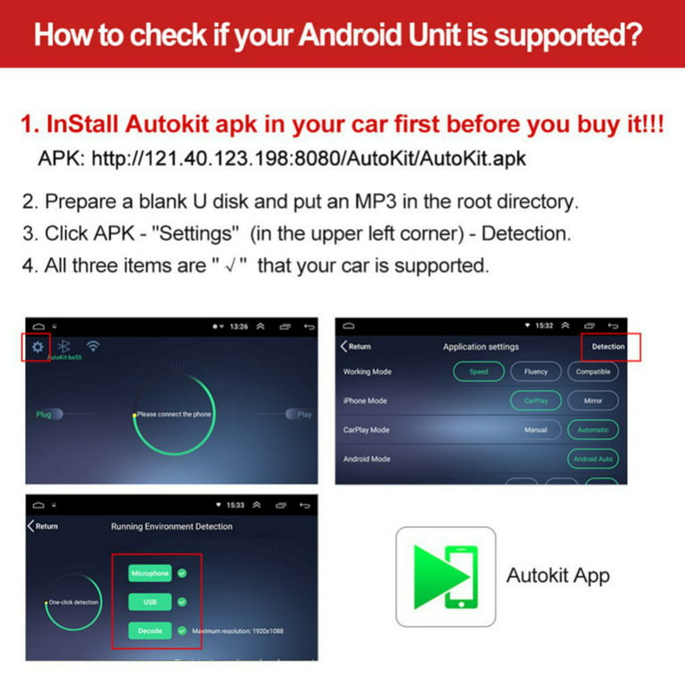 Wired CarPlay Dongle Android Auto for Car Radio with Android System Version  4.2 and Above, Install The AutoKit App in The Car System, Dongle Connect  The Car's AutoKit App to get CarPlay 
