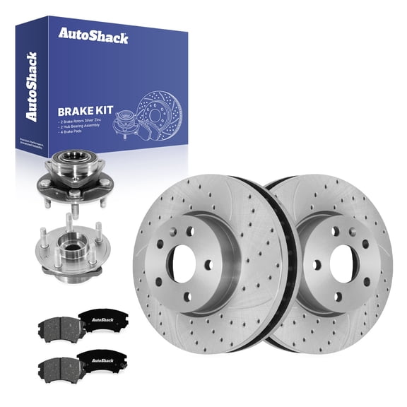 AutoShack Front Vented Drilled & Slotted Silver Zinc Coated Brake Rotors Ceramic Pads Hub Bearing Assembly 8-PC Brake Kit Replacement for 2010-2015 Chevy Camaro SilverShield Pro 12.64" (321 mm)