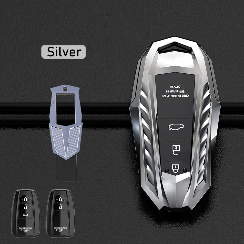 Compatible with Toyota 2018-2021 Highlander RAV4 Camry Avalon C-HR Prius Hybrid Corolla Prius Prime 3 4 Buttons Key Fob Cover Case Remote Holder Protector With key Chain (silver)