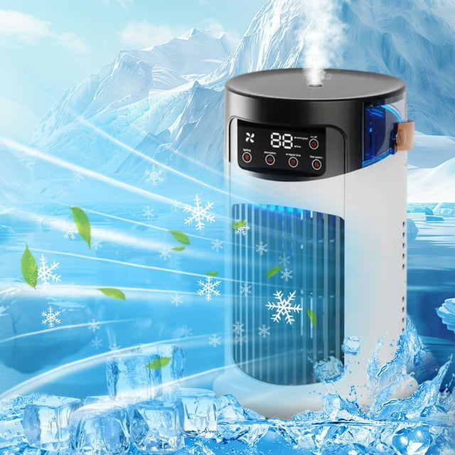 ventilador sin paletas ventilador doméstico ventilador de agua pulverizada ventilador de escritorio portátil para el hogar con enrejado de hielo enfriador de aire ventilador sin paletas blanco con pantalla LED frontal y controles visibles, depósito de agua lateral transparente de 300 ml, reja inferior con lamas verticales y salida de niebla en composición 3/4 sobre fondo simulado de hielo; portátil para escritorio, dormitorio u oficina y adecuado para caravanas o espacios pequeños.