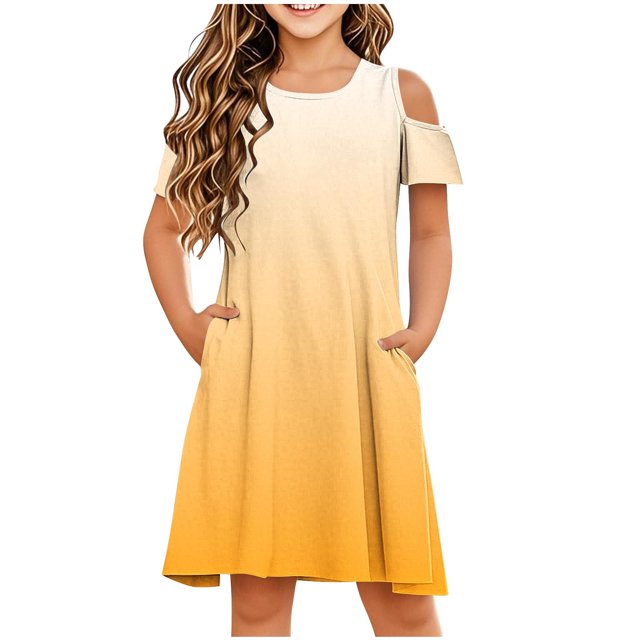 Swstbby Liquidation d'Économies d'Été 2025! Robe d'Été pour Filles, Robe Sans Manches Extensible pour Filles, Robe Trapèze Tournoyante Style Patineuse pour Récital d'École, Robe à Manches Courtes à Col Rond Jaune 12-13 Ans