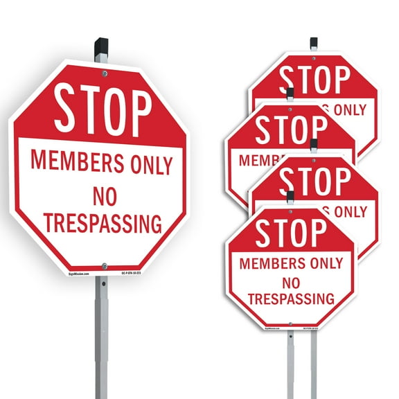 Stop Members Only No Trespassing (5 Pack) 10 inch X 10 inch Octagon Plastic Signs with Aluminum Mounting Stakes Weather Resistant UV Protected for Workplace Private Property and