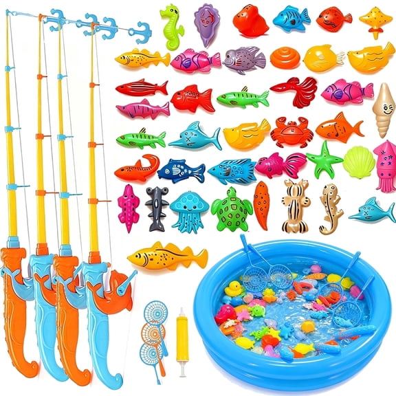 VANNYVANYA Fishing Game Toy for Kids, with Pool and Extendable 4 Fishing Rod Set, Bath Toys, Water Table Accessories 