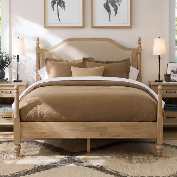Wooden Platform Bed Frame with Upholstered Headboard – Full Size, Wood Slat Support, Spacious Under-Bed Storage, No Box Spring Required, Easy to Assemble, Oak