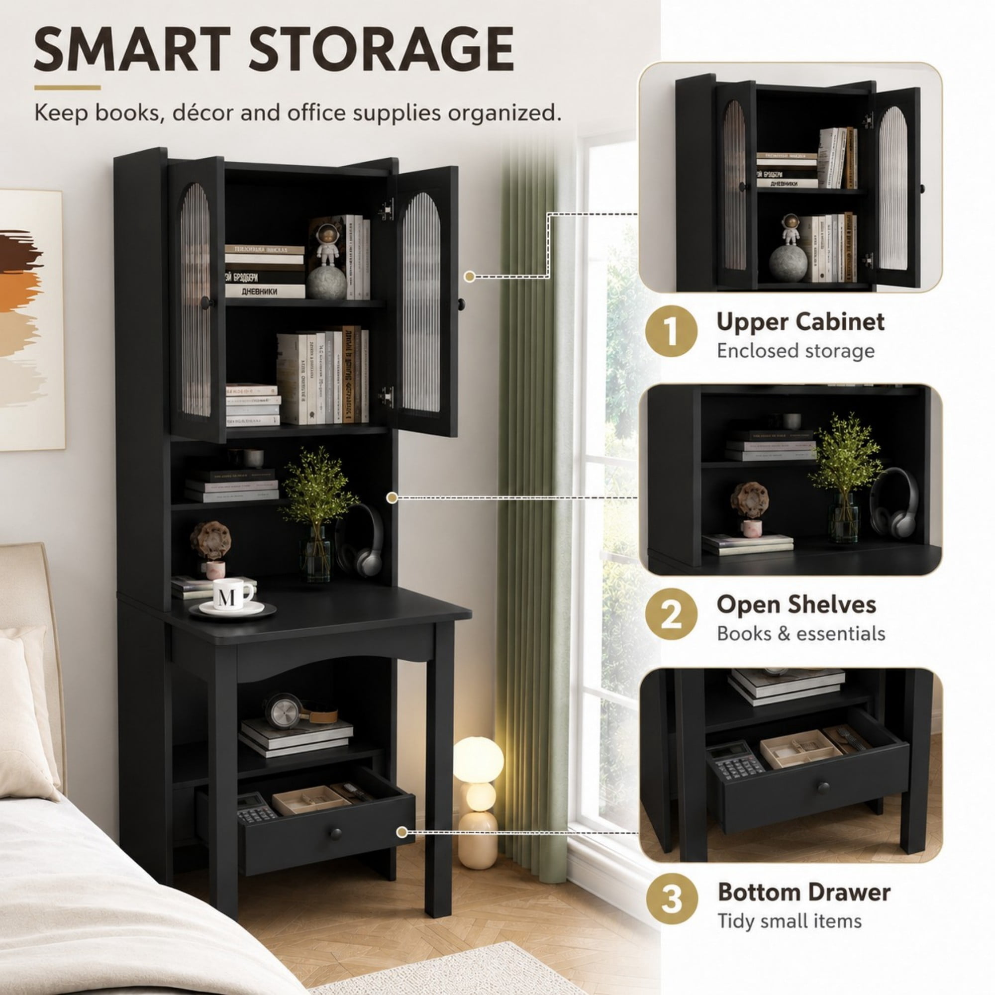 DEALTOPS 70.9-Inch Slim Fold-Out Desk Cabinet with Bookshelf and Drawer, Convertible Writing Desk, Black