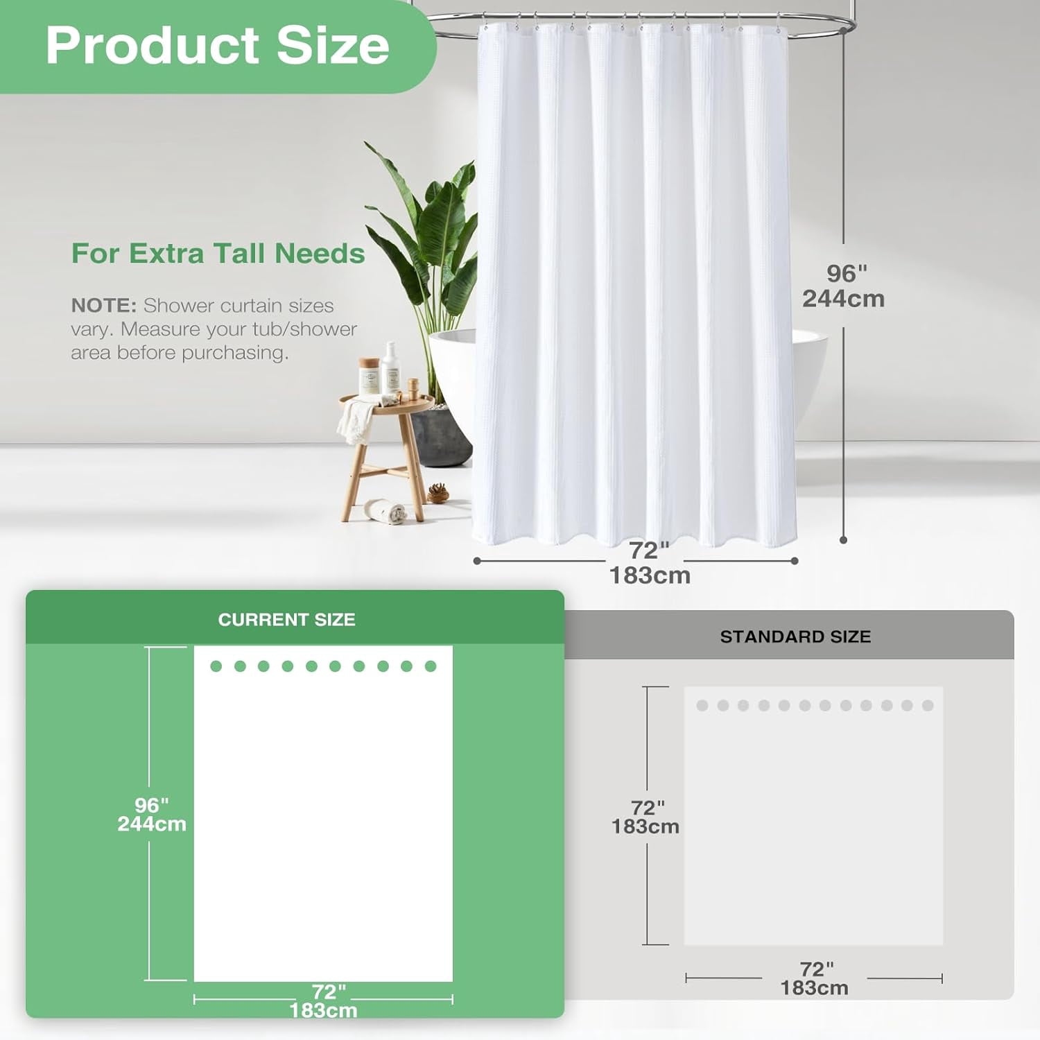 Extra Long Shower Curtain,96 Inch Long Waffle Weave Heavy Duty Thick Fabric Bathroom Shower Curtain, Neutral Weighted Hotel Bath Curtain Set with 12 Plastic Hooks,72x96, White