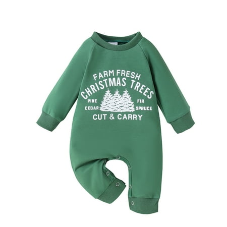 

Baby Girls Boys Christmas Jumpsuit Long Sleeve Crew Neck Letter Christmas Tree Print Casual Romper