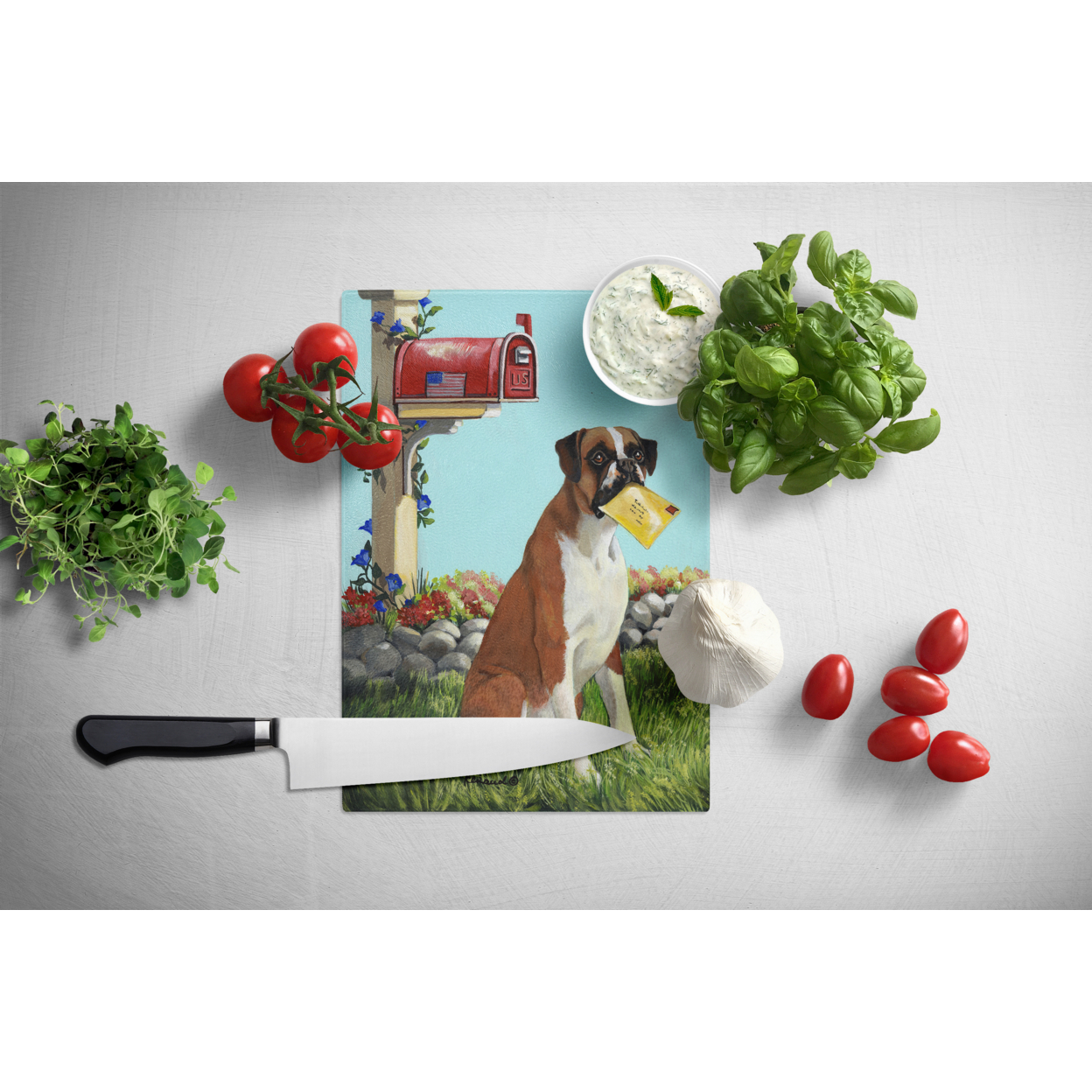 Carolines Treasures PPP3039LCB Boxer Got Mail Glass Cutting Board Large, 12H x 16W, multicolor