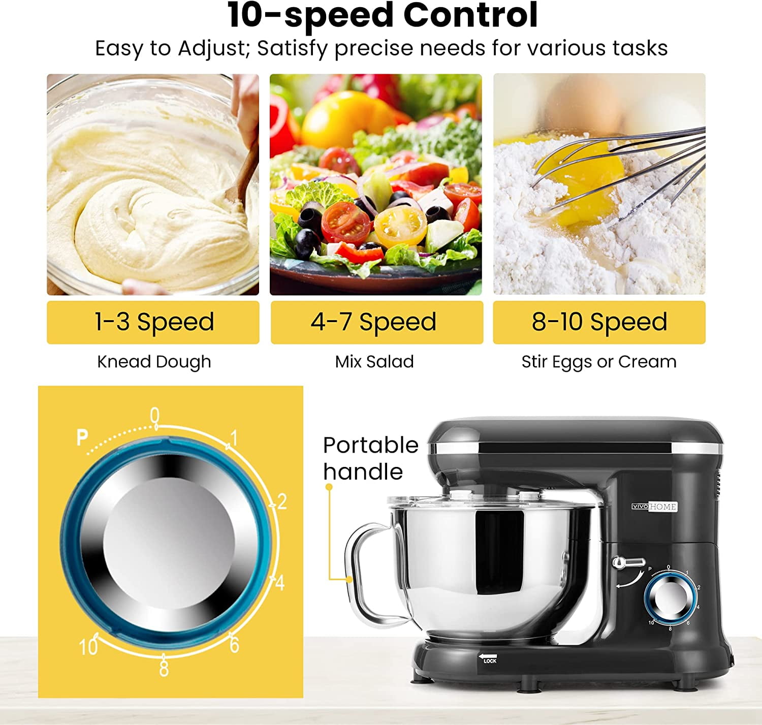 SPECSTAR Stand Mixer, 650W 10 Speed 6 Quart Tilt-Head Kitchen Electric Food Mixer with Beater, Dough Hook and Wire Whip, Black