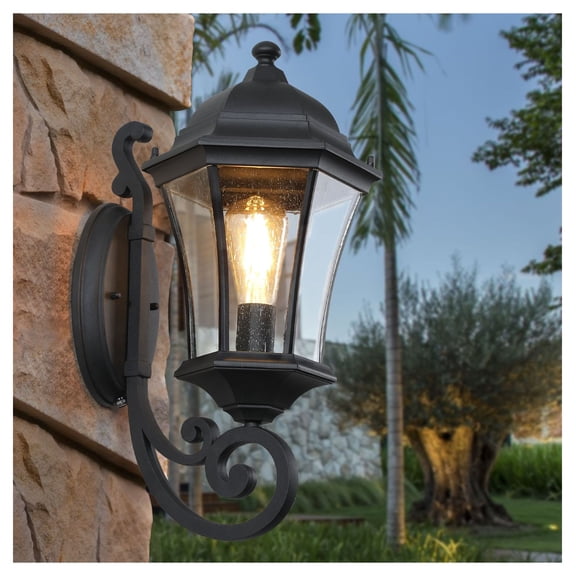 Outdoor Lantern Wall Sconce 2-Pack - Black Metal Porch Light Fixtures - Vintage Exterior Lighting for Patio, Garden, Entryway - E26 Bulb Holder