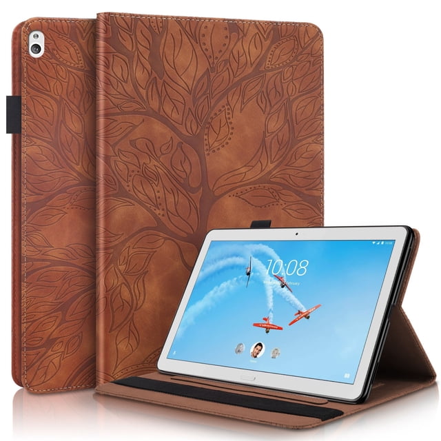 Tree of Life Embossed Case for Lenovo Tab m10 Stand, Card Slots, Stylus Loop Brown