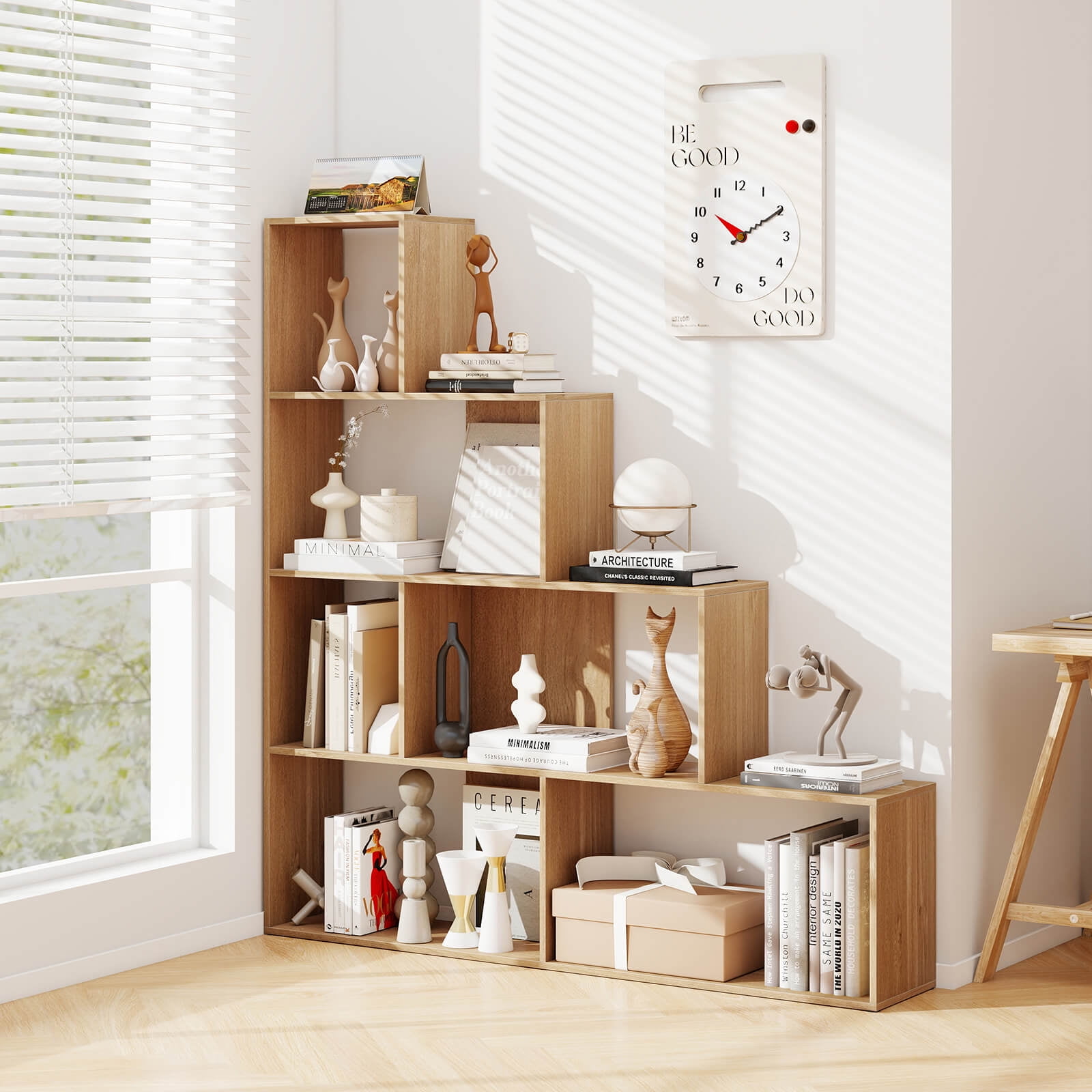 Costway 6 Cubes Ladder Shelf Freestanding Corner Bookshelf Storage Bookcase Display Rack