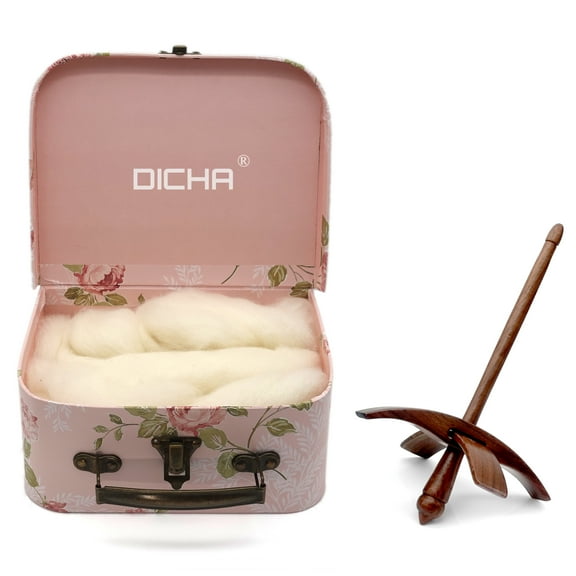 DICHA Black Walnut Turkish Spindle Kit with 2 oz Wool Roving/Top-Weaving Spinning Wheels for Beginners-All in A Gift Box-Perfect Spinner Gifts