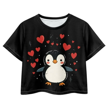 Uourmeti Kids Penguin Crop Tops 12-14Y Girls Short Sports T-Shirt Trendy Loose Crew Neck Pullover Summer Short Sleeve Top