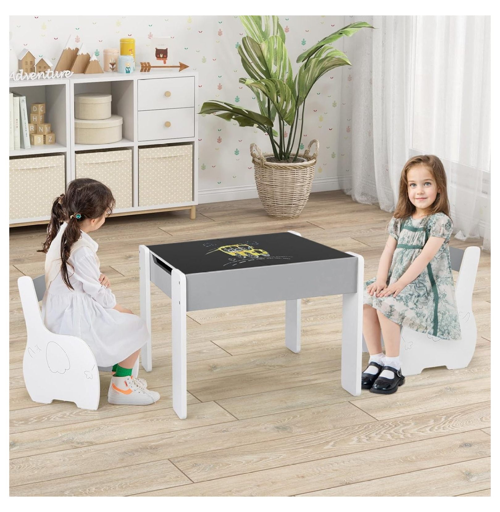 Kids Table and Chair Set, 4-in-1 Wooden Activity Table with 2 Chairs, Reversible Blackboard, Toddler Furniture for Art, Storage, Ages 3-6