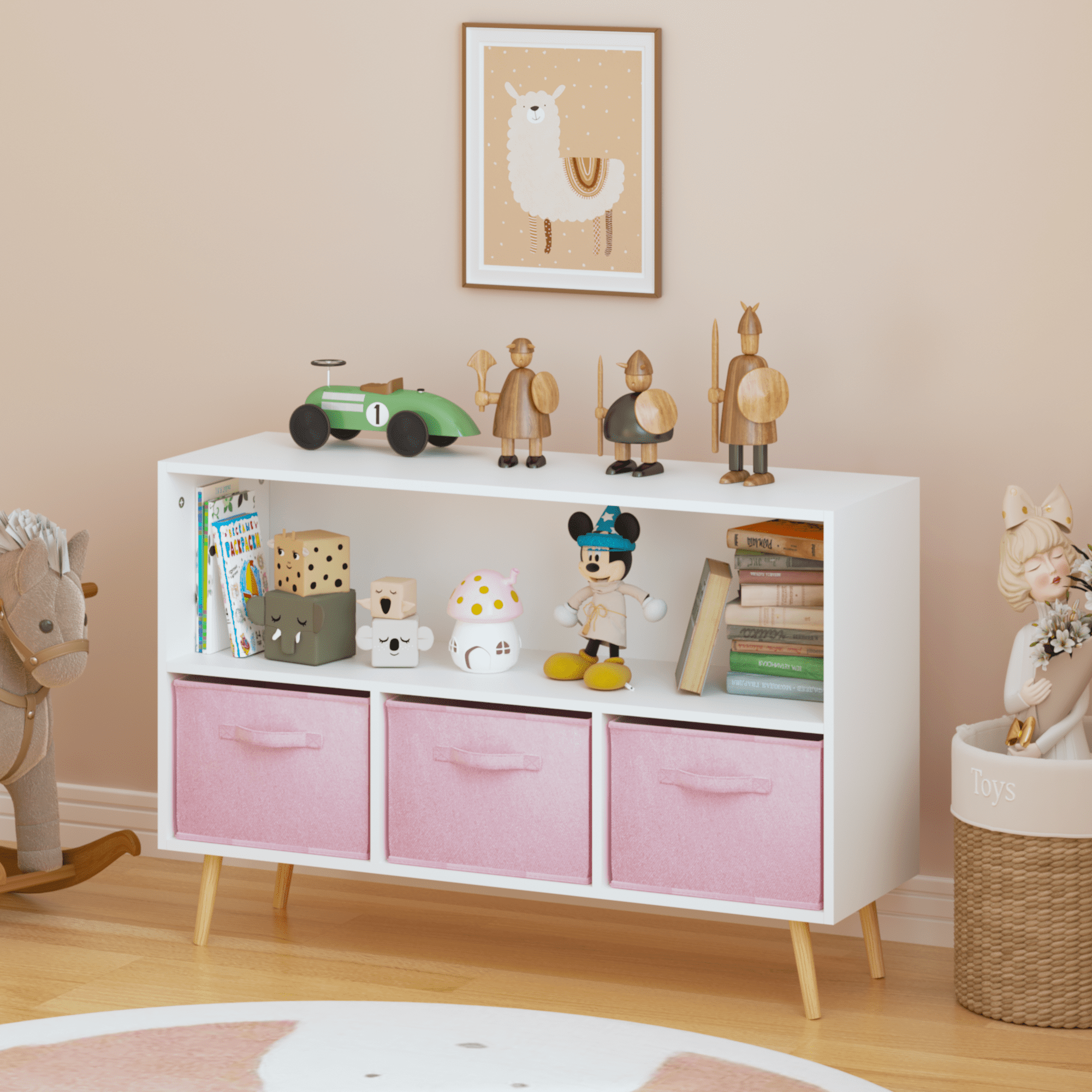 White & Pink Kids Bookcase with Fabric Drawers, MDF Storage Cabinet for Toys & Books - Wall-Mounted Safety Design, Easy Assembly (35.4"x11"x23.6")