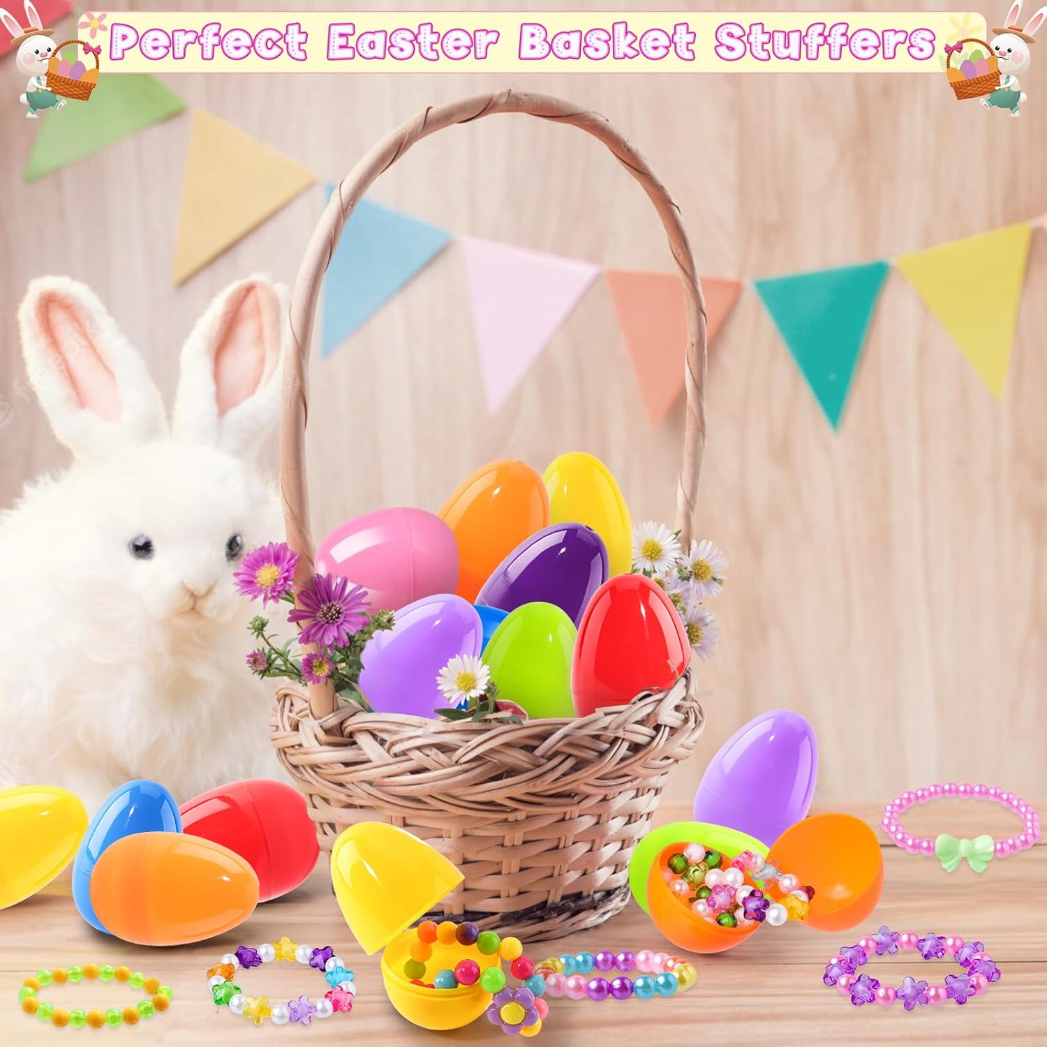 Prefilled Easter Eggs with Bracelets ,24 Pack Easter Basket Essentials Easter Basket Stuffers for Easter Eggs Hunt Game, Easters Party Favors for Girls