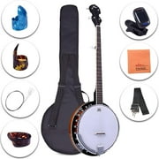 ADM 5-String Banjo Remo Head 24 Bracket with Closed Solid Wood Back and Geared 5th Tuner, Banjo Beginner Kit with Bag, Tuner, Strap, Picks and Strings