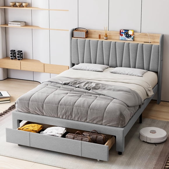 Bingirl Light Gray Queen Bed Frame - Wooden Bed with Storage Headboard, Charging Station, and Large Drawers. No Box Spring Needed, Easy to Assemble