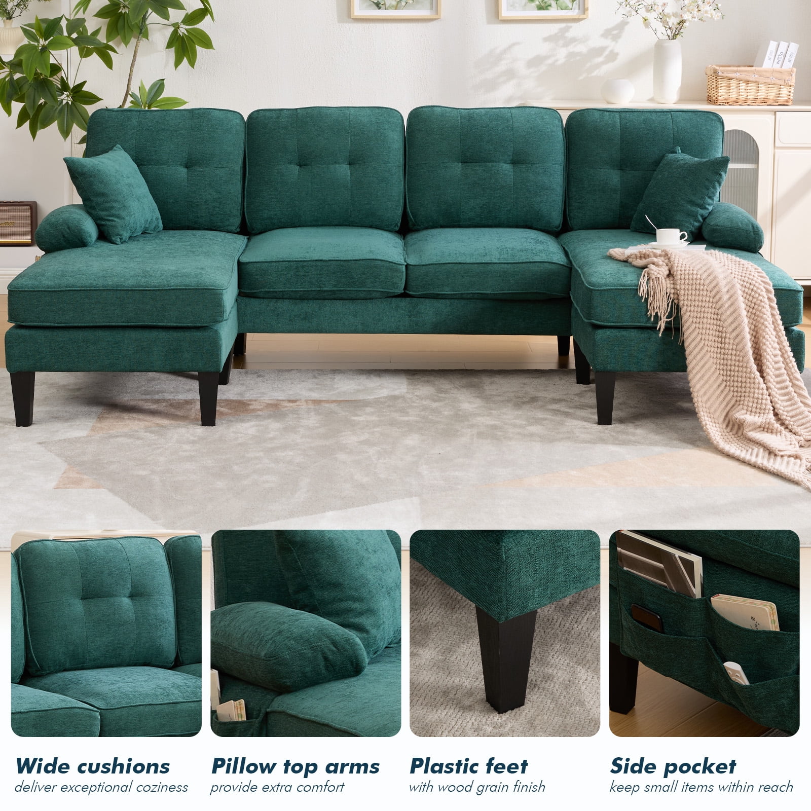 MOONMISS U-Shaped Sectional Sofa, 4 Seater Sectional Couch with Chaise, Modular Sleeper Sectionals for Living Room-Green