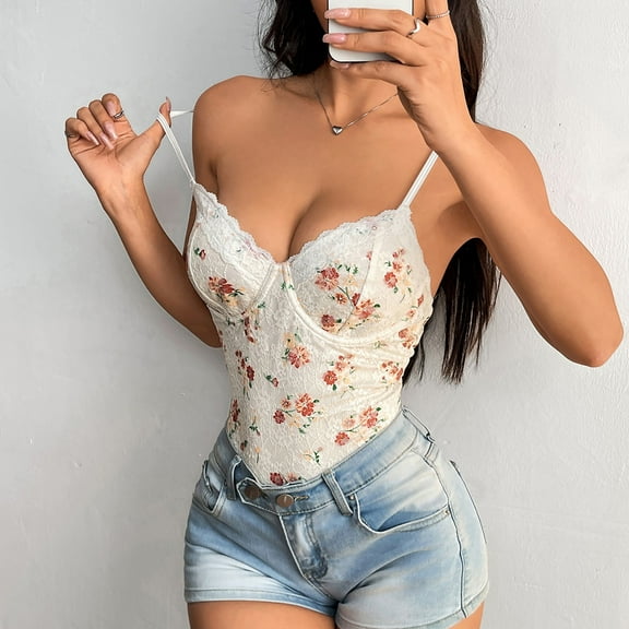ALLLIST Lace Tops for Women V Neck Camisole Strap Bodysuit Floral Beige Trendy Pullover for Women