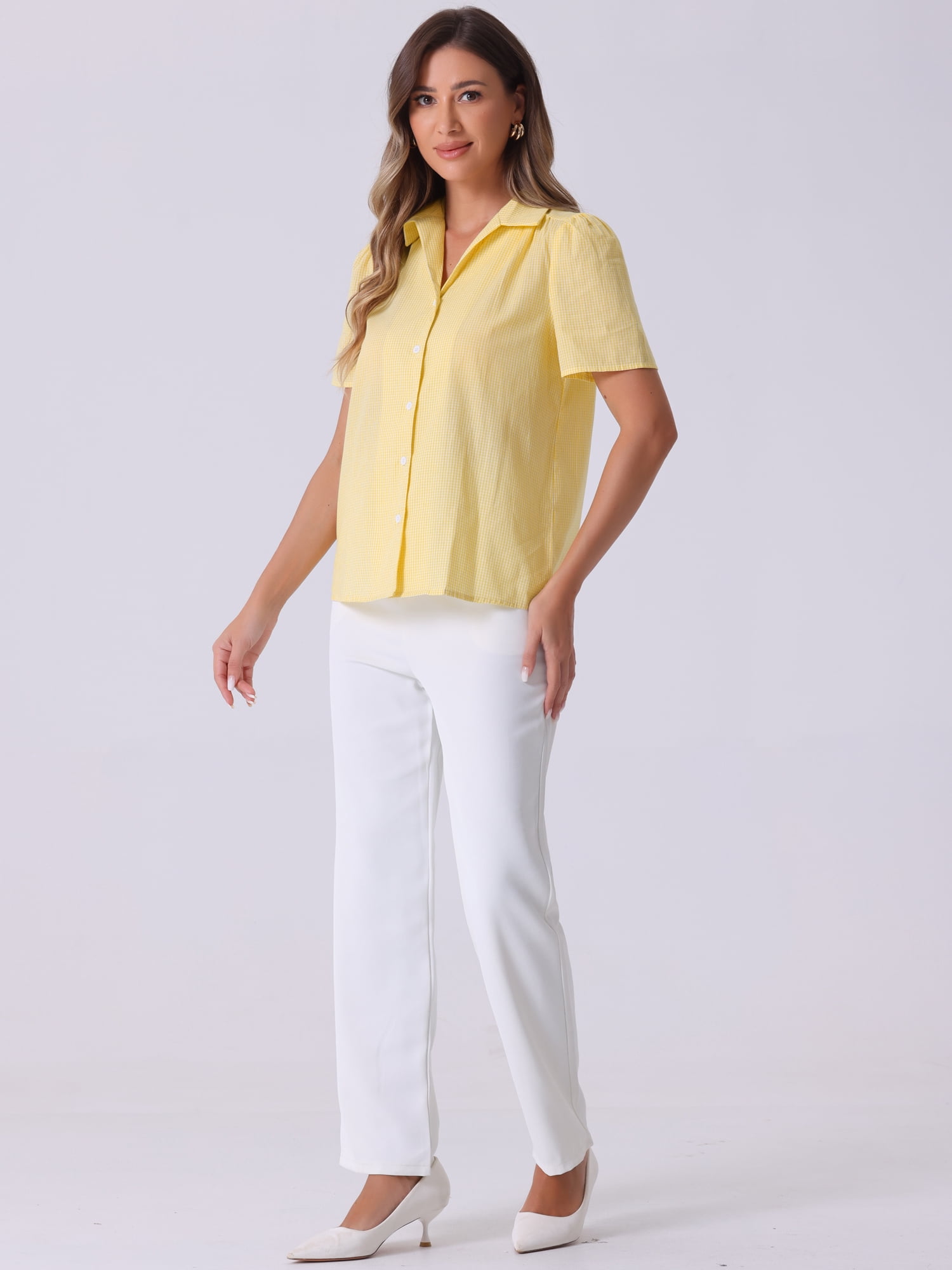 DARING DIVA Women's Plaid Puff Sleeves Gingham Blouse Shirt XS Yellow