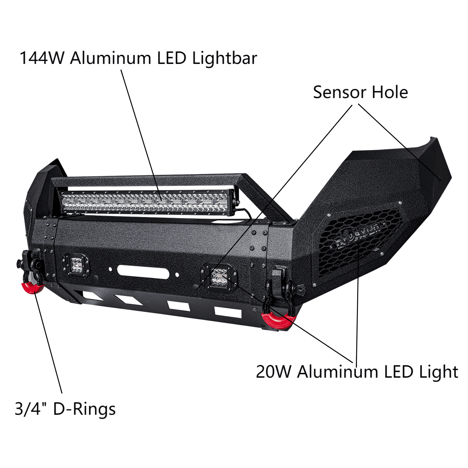 Vijay Compatible with 2016-2017-2018-2019-2020-2021-2022-2023 Toyota Tacoma Front Bumper Textured Black Steel with Lights and D-rings
