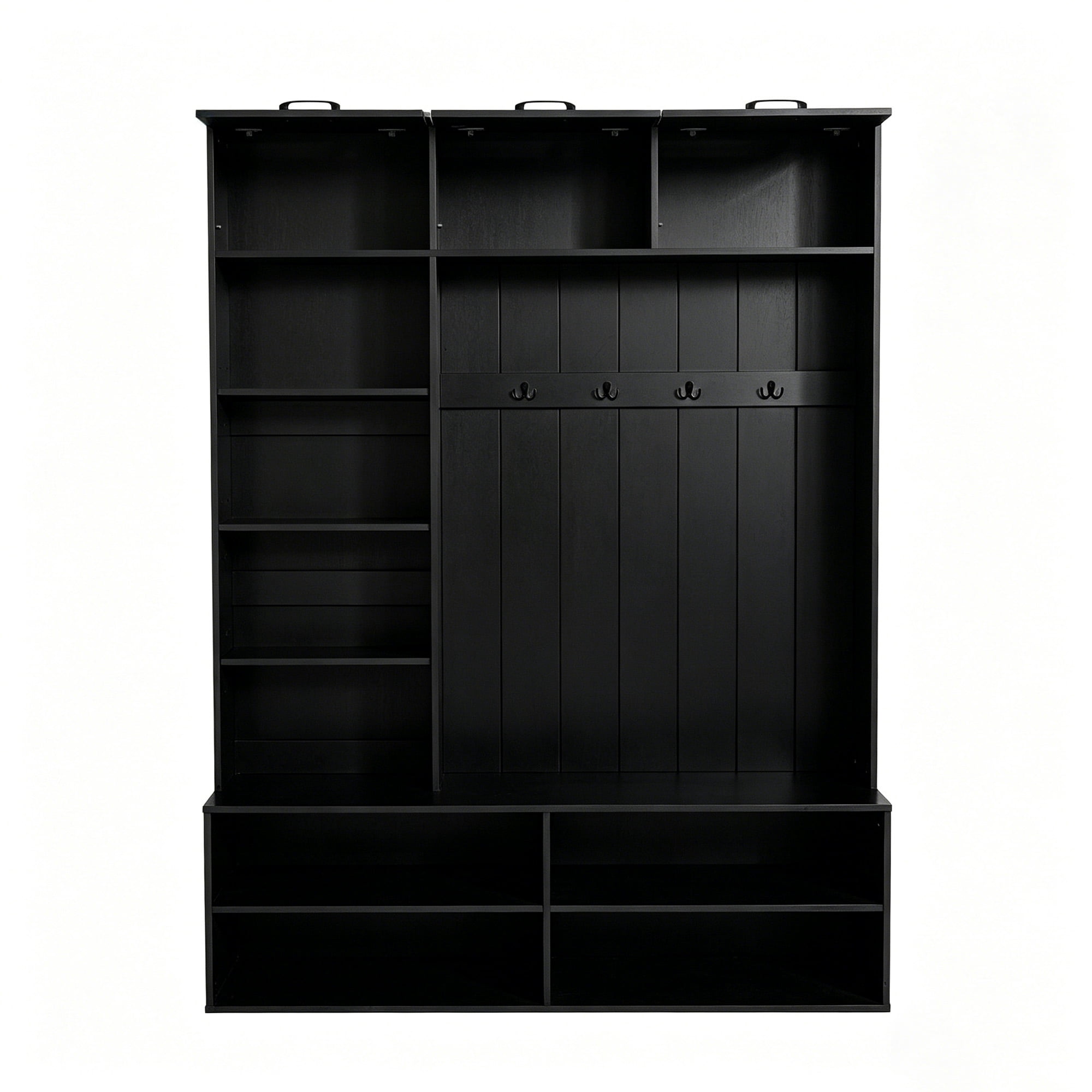 HOQBN 77"H Farmhouse Hall Tree with Bench and Shoe Storage, 5-in-1 Entryway Bench with Coat Rack, Modern Entryway Storage Organizer Cabinet with 4 Hooks for Hallway, Entryway, Living Room,Black