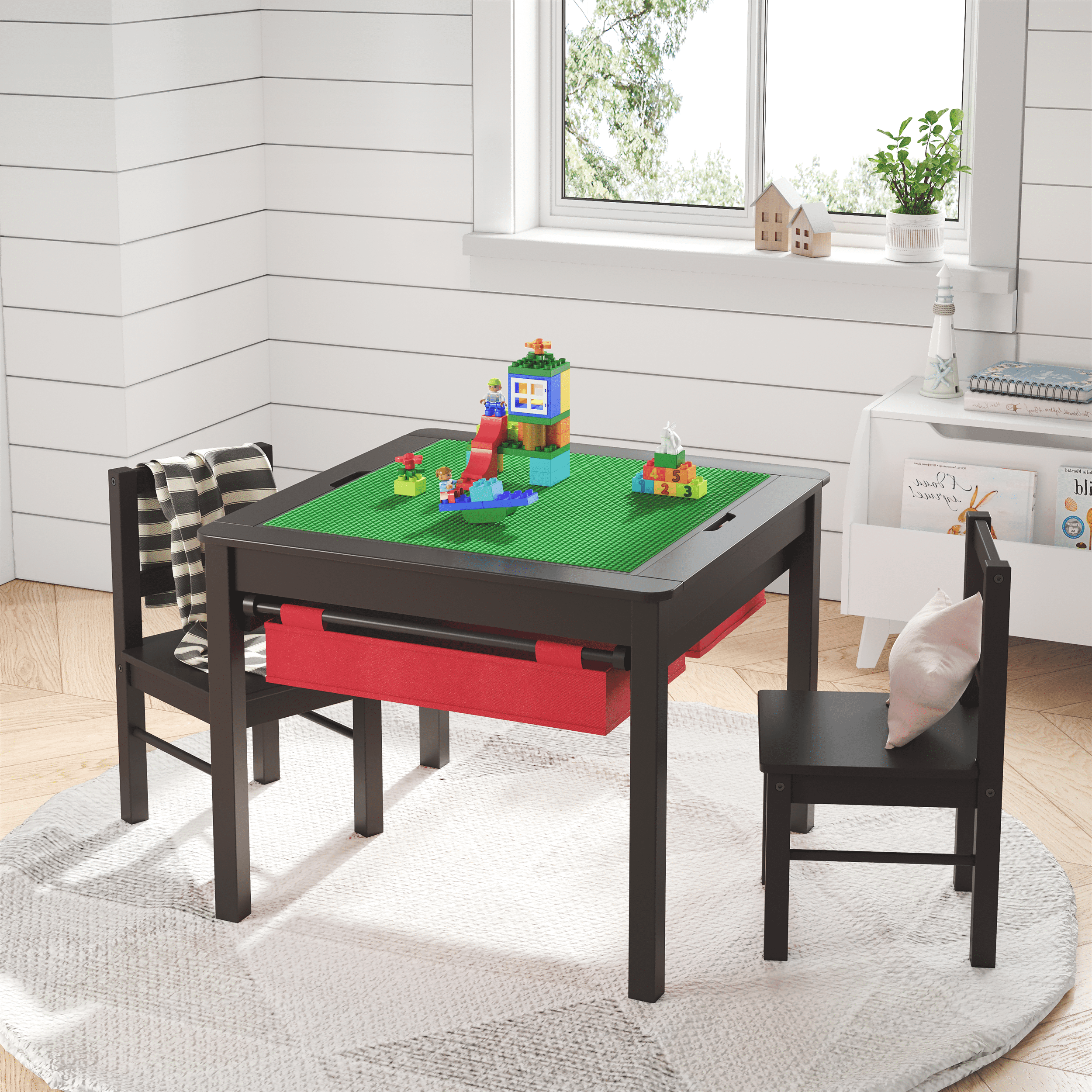 UTEX 2-in-1 Wooden Activity Table & Chairs Set for Toddlers, Children's Reading & Construction Play Table with Storage