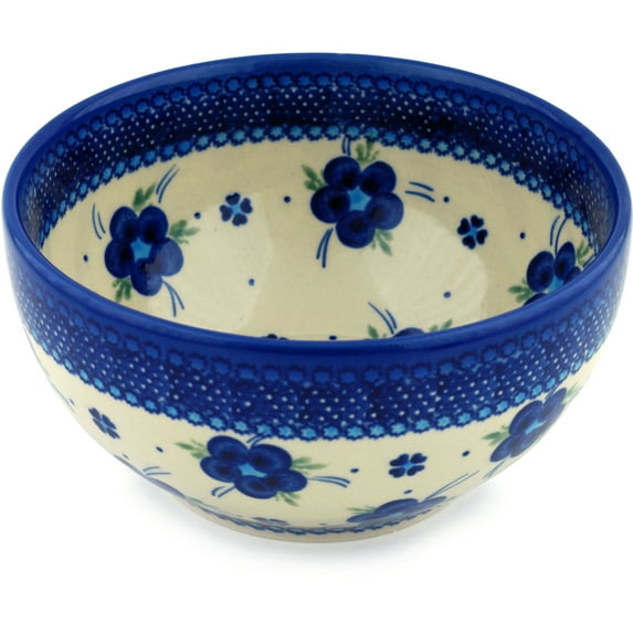 Polish Pottery 7½-inch Bowl (Bleu-belle Fleur Theme) Hand Painted in Boleslawiec, Poland + Certificate of Authenticity