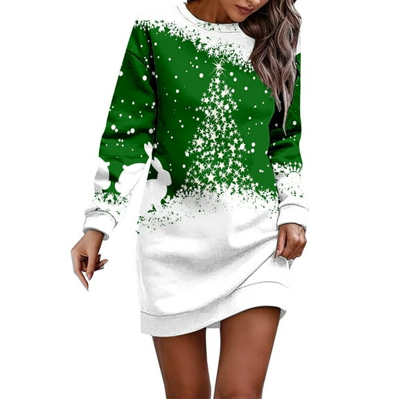 Fiaer Christmas Snowflake Long Sleeve Dress for Women Sweatshirt Dress Fall Fashion Outfits Casual Mini Skirts Green XXL