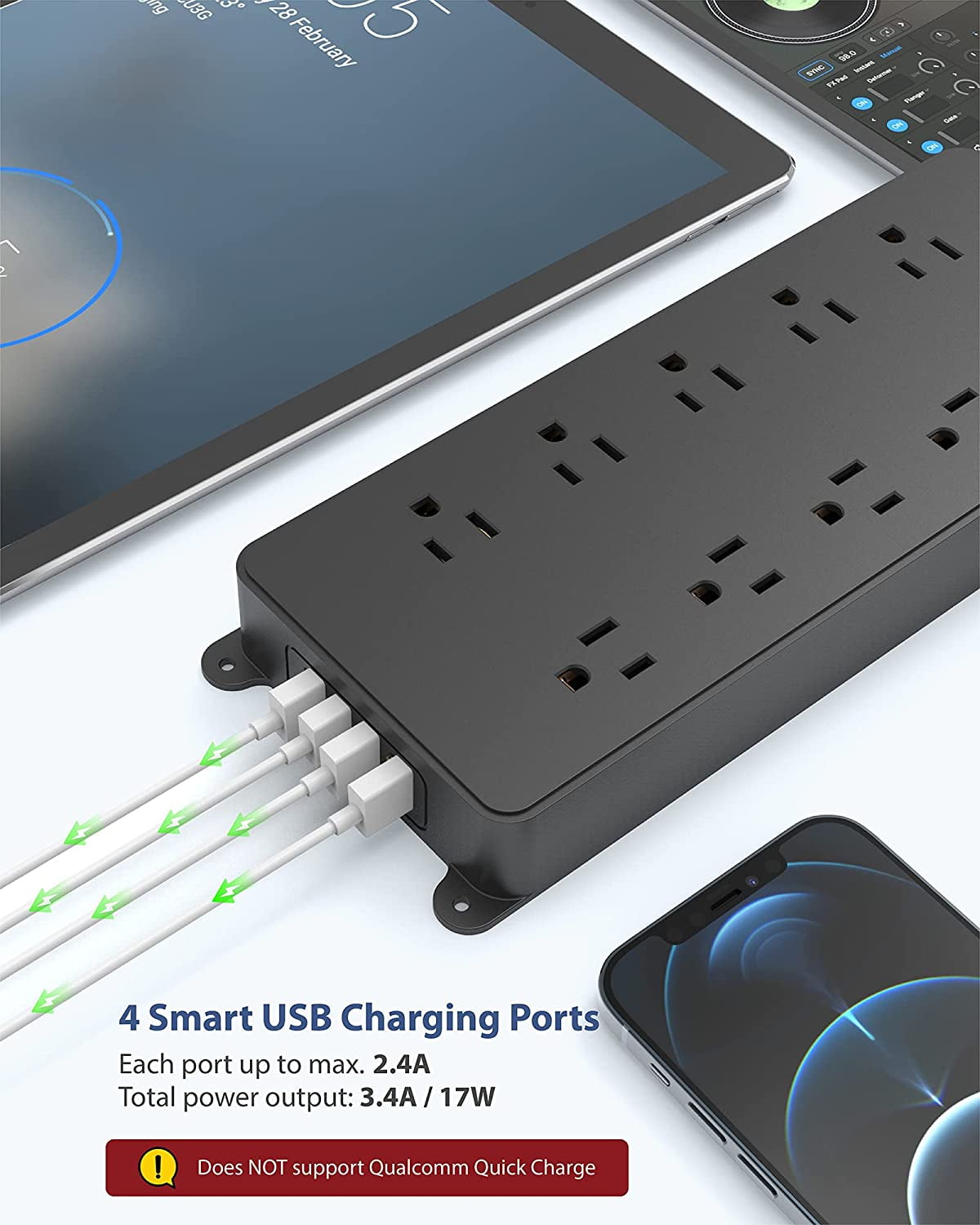 TROND Power Strip Surge Protector, 4000J, ETL Listed, 15A, 10 Widely Spaced Outlets with 4 USB Ports, Flat Plug 5ft Extension Cord, Wall Mountable, 14AWG Heavy Duty, for Home Office Garage, Black