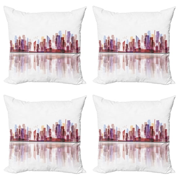 Ambesonne City Throw Pillow Cover 4 Pack, Skyscrapers Silhouette, 20", Multicolor