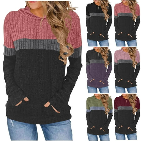 Fartey Ribbed Knit Hoodies for Women Tremdy Color Block Pullover Tops Soft Comfy Long Sleeve Hooded Sweatshirts Loose Fit Going Out Hoodie with Pockets Wine 2XL