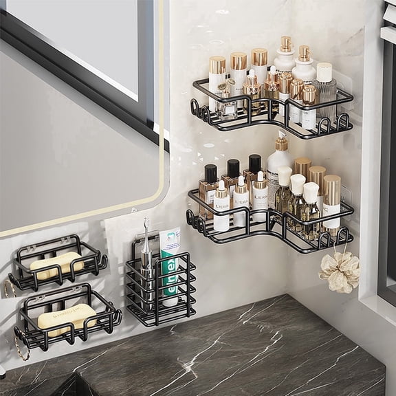 Adhesive Mount Shower Caddy Shelves 5 Pack, Include 2 Shower Corner Storage Basket, Toothbrush & Soap Holder, No Drilling Large Capacity Organizers for Bathroom, Home & Kitchen, Matte Black