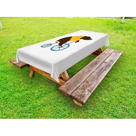 

Bicycle Outdoor Tablecloth Big Teddy Bear Icon of Circus Riding Bicycle with Hipster Costume Animal Image Decorative Washable Fabric Picnic Tablecloth 58 X 120 Inches Brown Yellow by Ambesonne